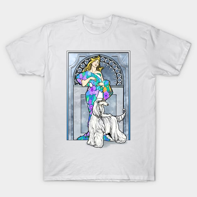 Mucha/Watson. White Afghan Hound.Elegant blonde female. T-Shirt by chepea2